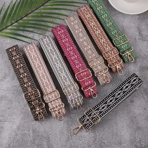 Adjustable Ethnic Bohemian Geometric Woven Bag Strap Wide Replacement Shoulder Strap For Crossbody Bags Gold Metal Hook