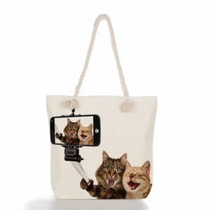 Μπεζ υφασμάτινη τσάντα ώμου με στάμπα γάτας και ανθεκτικά χερούλια από βαμβακερό σχοινί