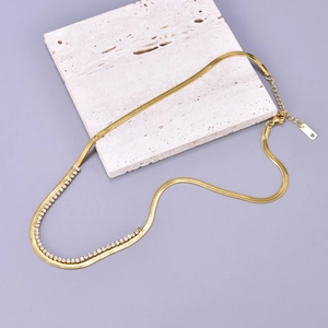 Chic gold-plated stainless steel double-layer necklace with herringbone chain and zircons