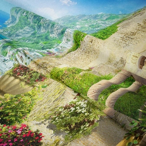 Detailed close-up showing the fine cross-weave texture and Mediterranean landscape print