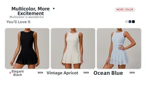 Detailed comparison of three sleeveless lace dresses in black, apricot and water blue colors