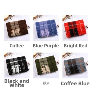 Detailed grid view showing six colors of soft plaid scarves with fringe tassels