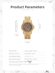 Detailed measurement chart of the crystal-set Roman bezel watch showing watch specifications