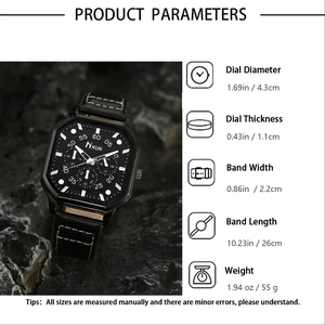Detailed technical specifications for a black square quartz sports watch with leather strap
