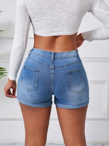Sexy Damen Jeans-Shorts mit hoher Taille, Destroyed-Effekt und Fransensaum