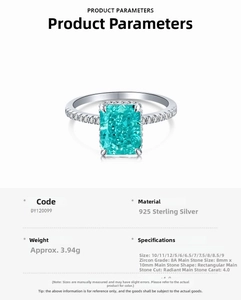 Detail view of radiant cut blue-green zircon ring with 925 sterling silver band