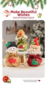 Detailed view of Christmas drawstring gift bags with cartoon Santa, snowman and reindeer