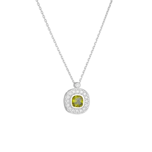 Detail of s925 silver necklace with square peridot pendant and micro-pave crystals