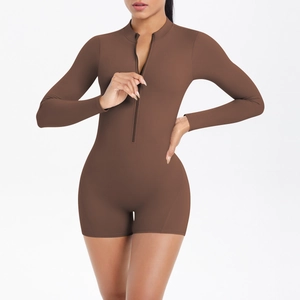 Brown long sleeve half-zip sports romper with slim fit fabric for women fitness