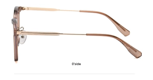Detail view of tea brown acetate frame and rose gold metal temples on fashion glasses