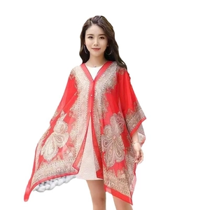 Lightweight red chiffon shawl cardigan with vintage paisley pattern for sun protection