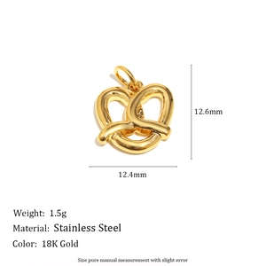 Detailed view of 18K gold plated stainless steel pretzel pendant with exact measurements
