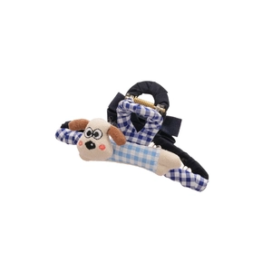Pince à cheveux motif chien de dessin animé en peluche avec tissu vichy bleu et blanc