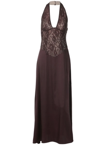 Detail of the deep brown halter dress showing intricate lace texture and open back design
