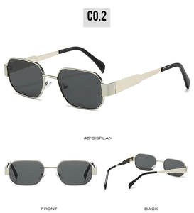 Detail view of gold geometric polygon sunglasses showing front, back, and 45-degree angles