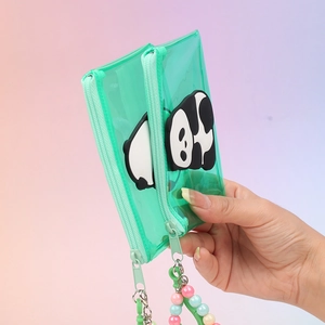 Cute transparent green panda coin purse with colorful bead chain and secure zipper