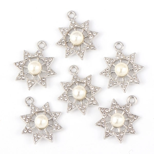 Silver star pendants with central pearl and rhinestones for DIY jewelry making