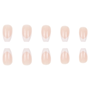 Short ballet nude pink press-on nails with classic white French tips on white background