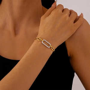 Bracelet En Acier Inoxydable Plaque Or Chaine Maillons Nez De Porc Zircone Ovale Geometrique Bijoux Mode Femmes