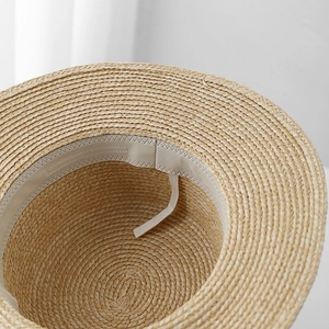 Flat top straw sun hat with inner sweatband and adjustable drawstring for women