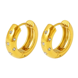 Retro French Starburst Engraved Chunky Hoop Earrings For Women Stainless Steel With Rhinestone 18K Gold Plated Jewelry