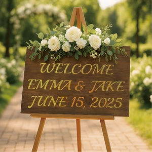 Custom wood wedding welcome sign with white roses and gold glitter lettering