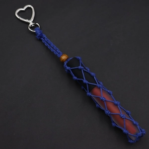 Deep blue hand-woven lipstick pouch holder with silver heart clasp and wooden bead