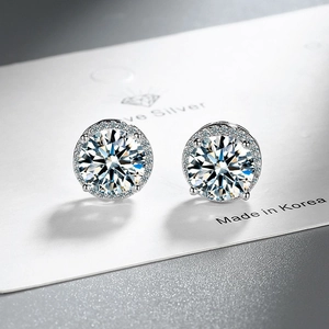 Sparkling 2 carat round zircon stud earrings with silver halo setting for women