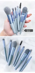 Close-up of dusty blue travel makeup brush set featuring dense gray bristles and matte handles