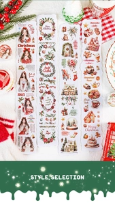 Dettaglio dei nastri adesivi PET natalizi con illustrazioni di ragazze e ghirlande festive