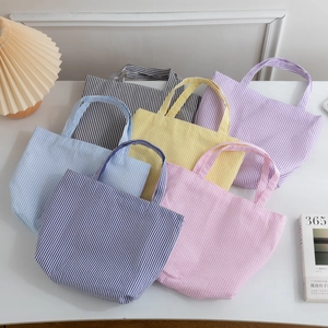 Women Striped Seersucker Tote Bag Large Capacity Casual Shopping Handbag Retro Fresh Style Double Handle Portable