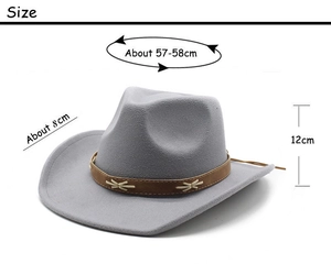 Detailed size chart of grey felt western cowboy hat showing brim, height and circumference
