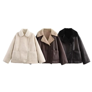 Women Faux Shearling Jacket Suede Lamb Wool Lining Lapel Button Down Coat Loose Fit Casual Warm Streetwear Gothic