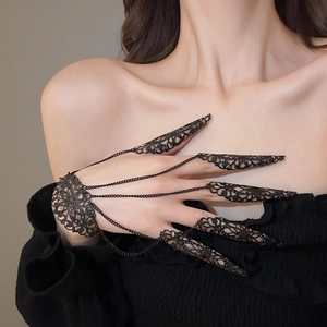 Gothic hollow flower fingernail covers and bracelet set in black metallic finish