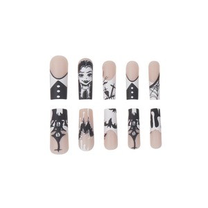 Gothic Halloween coffin press-on nails featuring spider webs and cartoon character designs