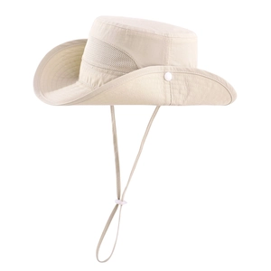 Detail of outdoor sun hat featuring breathable mesh vents and adjustable chin strap