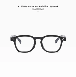 Detail of square black frame glasses C04 with anti-blue light clear lenses and silver dots