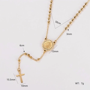 Gold stainless steel 3mm rosary bead necklace with rhinestone saint medallion and cross