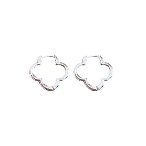 Minimalist silver clover hoop earrings with a polished finish and click-top closure