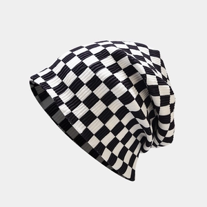 Checkerboard Knit Slouchy Beanie Hat Ribbed Heart Pattern Soft Breathable Versatile Style For Women
