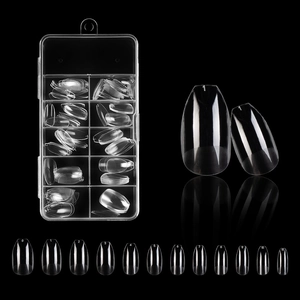 Detailed set of 12 sizes of transparent coffin nail tips in an organized storage case