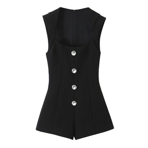 Women Black Denim Romper With Rhinestone Buttons Sleeveless Back Zipper Elegant Slim Fit Party Jumpsuit
