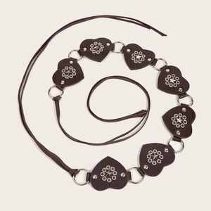 Y2K vintage dark brown faux leather belt with heart-shaped studs and metal rivets