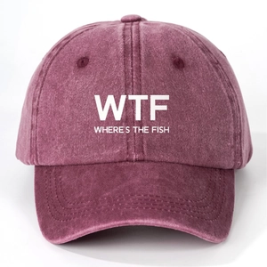 Vintage washed purple cotton baseball cap featuring WTF WHERE'S THE FISH print
