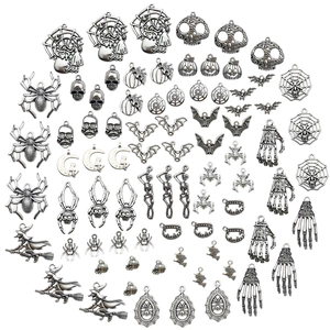 Bulk set of silver Halloween charms featuring spiders, pumpkins, and bats for DIY jewelry