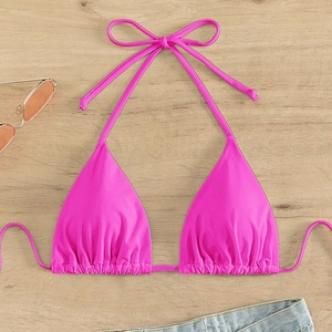 Women Halter Triangle Bikini Top Ruched Padded Swimsuit Top Solid Color Tie Back Beachwear Polyester Spandex