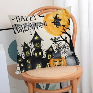 Halloween pillow case featuring witch, pumpkin and castle with Happy Halloween text