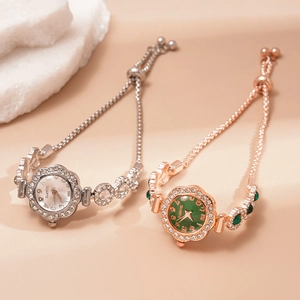 Elegant rhinestone quartz watch with adjustable drawstring bracelet and crystal bezel