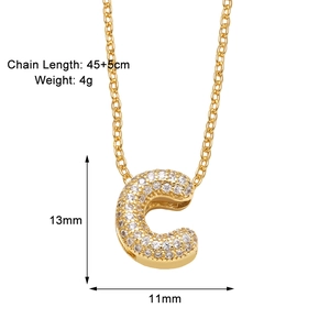 Detailed size chart for gold pavé cubic zirconia letter C pendant necklace