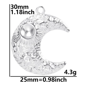 Detail showing dimensions of the silver stainless steel celestial moon pendant with texture